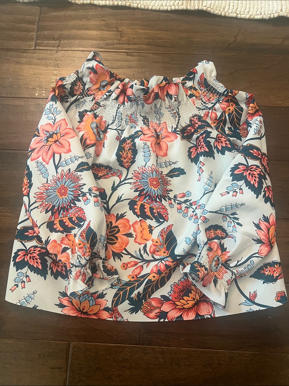 Tuckernuck White Floral Off-Shoulder Marguerite  Top with Coral and Navy Print